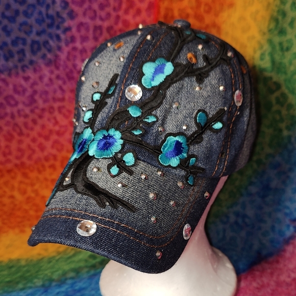Silverstone Accessories - *SILVERSTONE Denim Floral Embroidered and Rhinestones Ball Cap